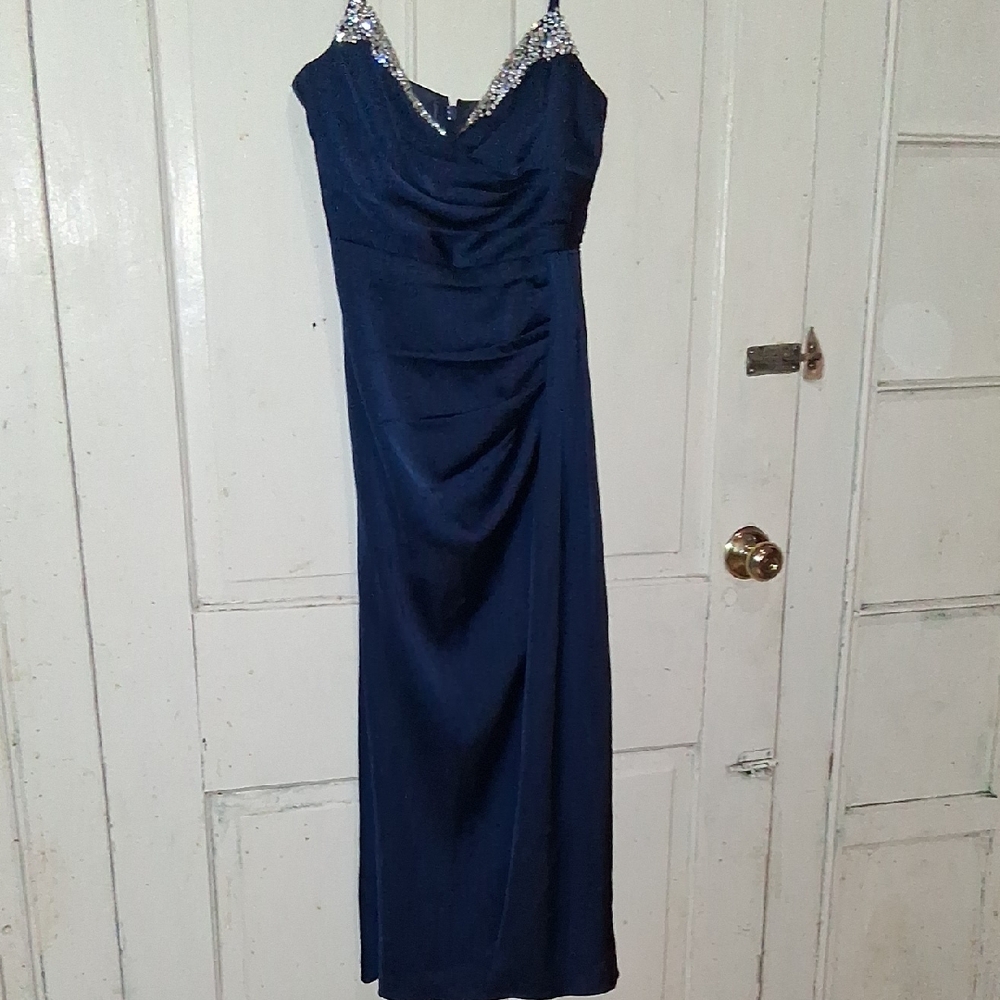 Azazie Navy Blue Maxi Dress with Embellished Straps